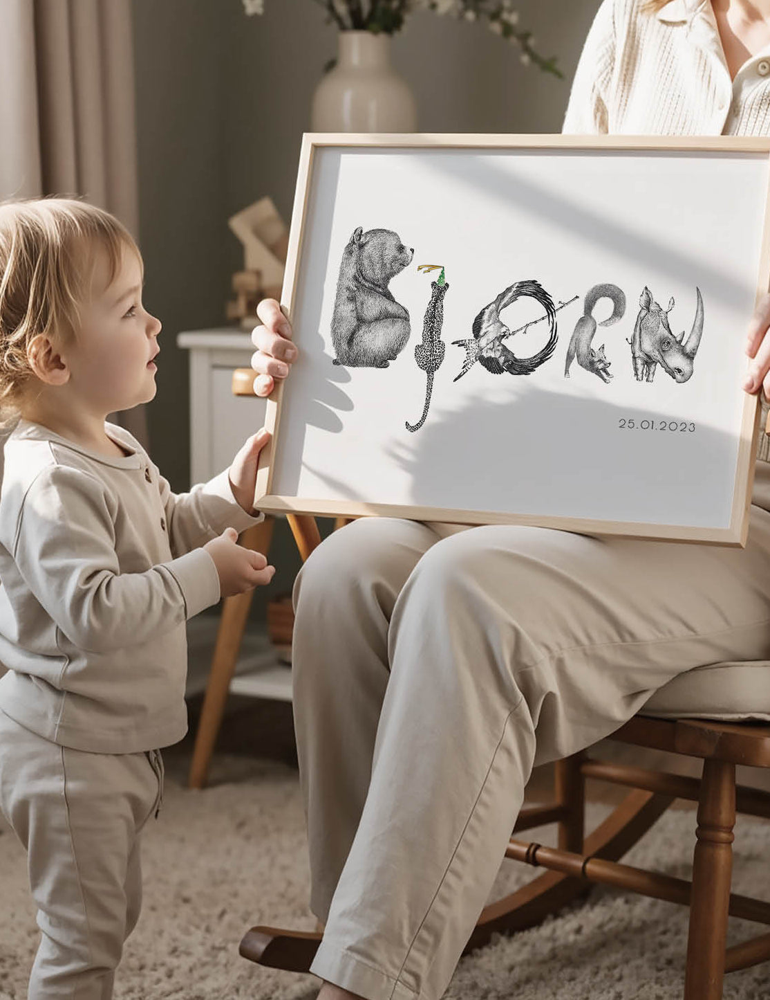 Navneplakat til børn med håndtegnet nordisk design i børneværelse