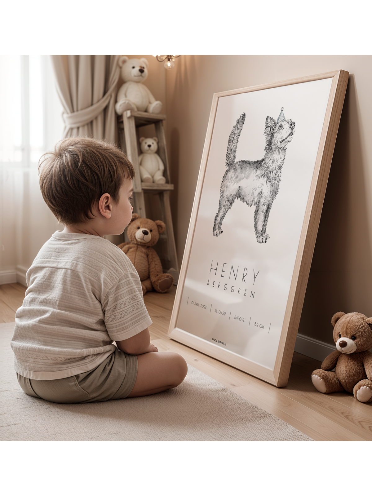 Personlig fødselsplakat med håndtegnet hund og barnets navn + fødselsdata til børneværelse