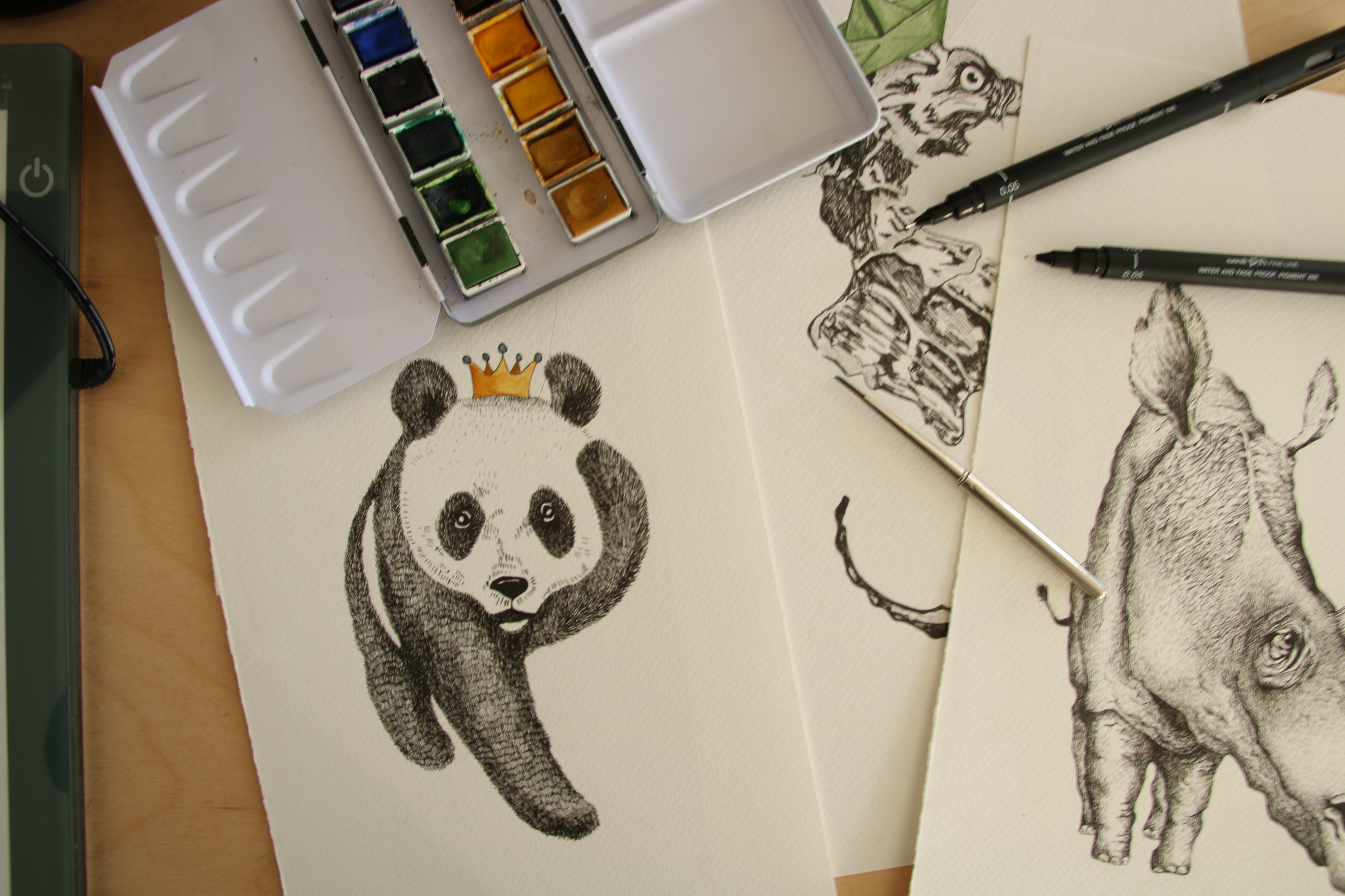 Håndtegnet illustration af panda, søhest og næsehorn i sort-hvid med fine detaljer.