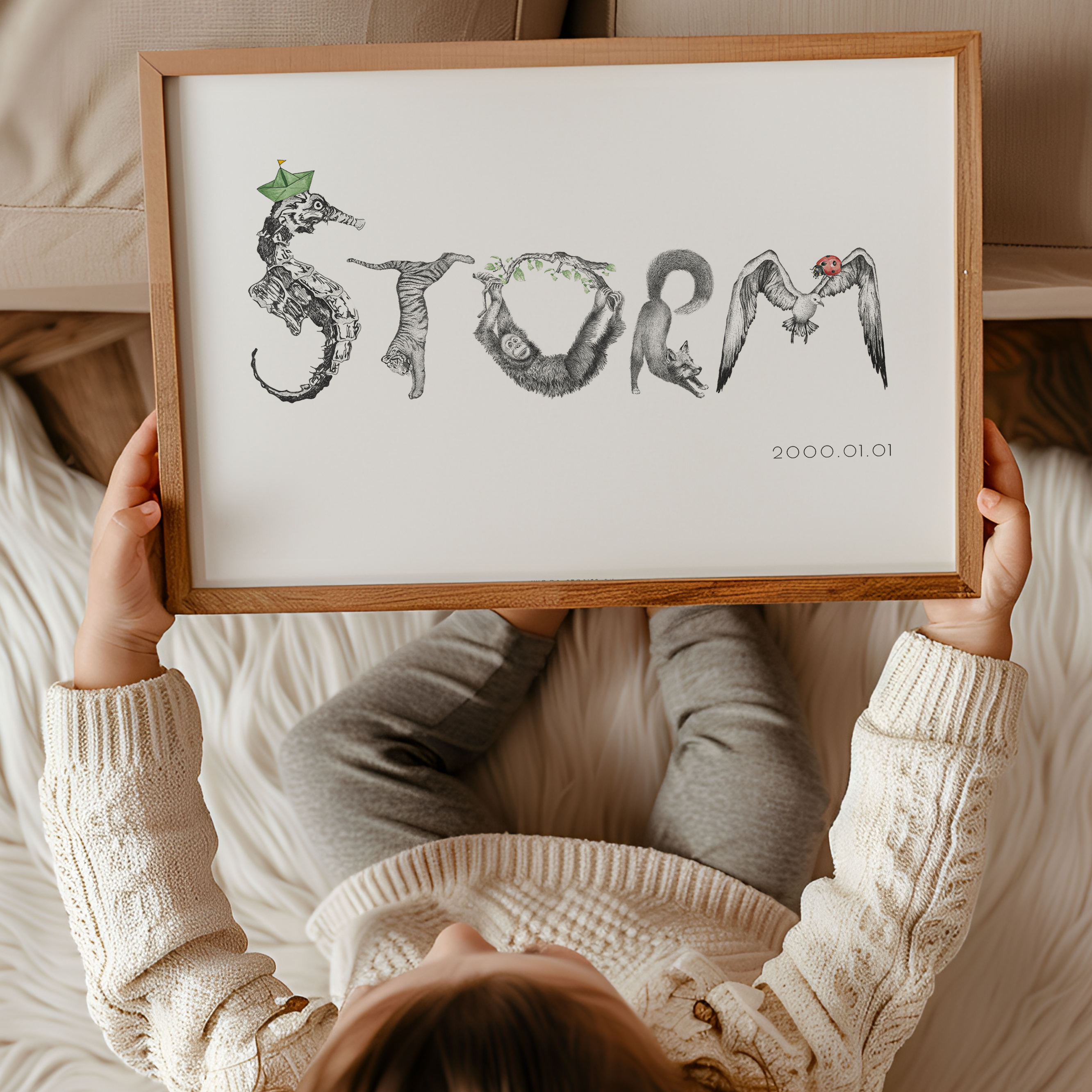 Navneplakat med dyr - Storm - til børneværelse