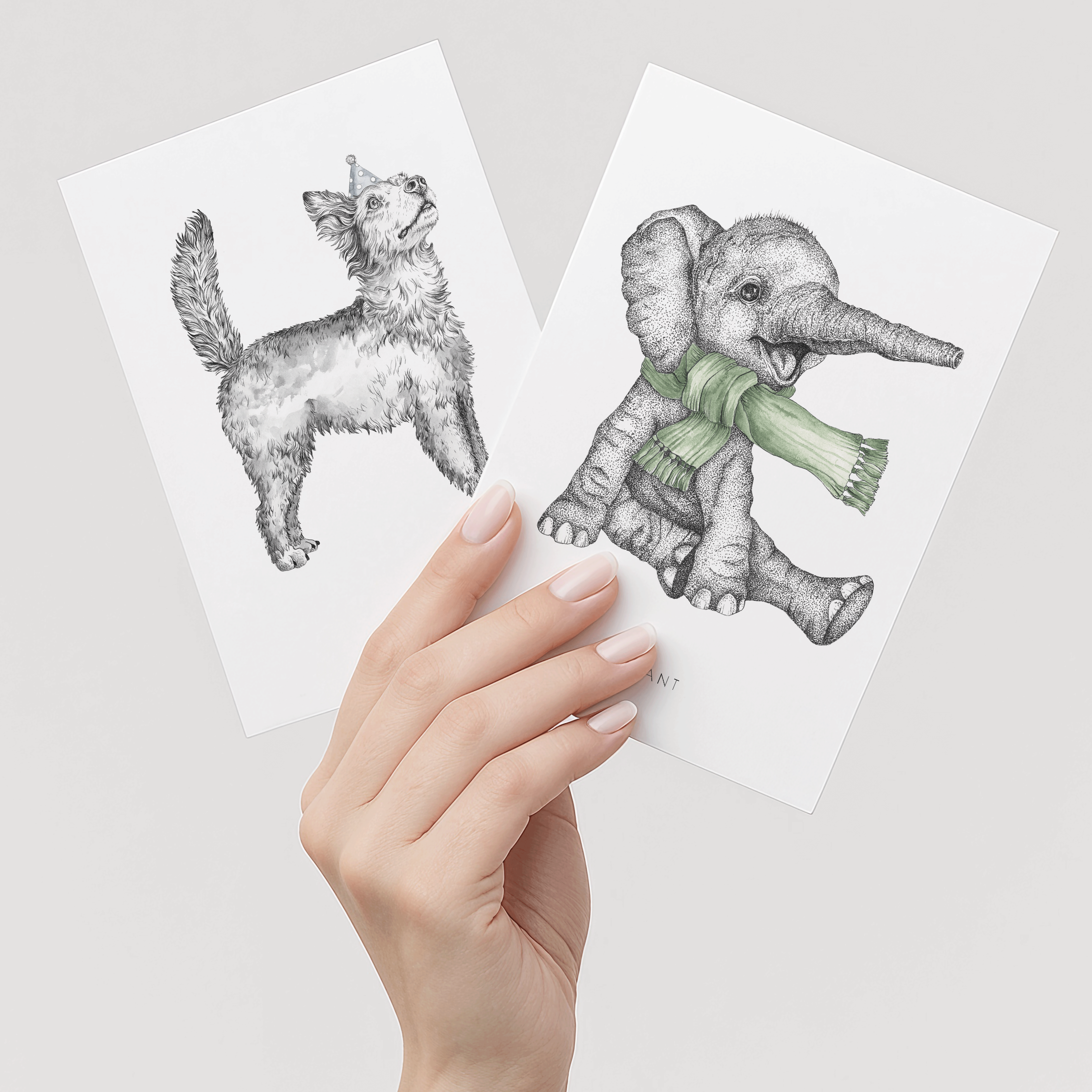 Håndtegnet hund + elefant illustration på kort til børneværelse