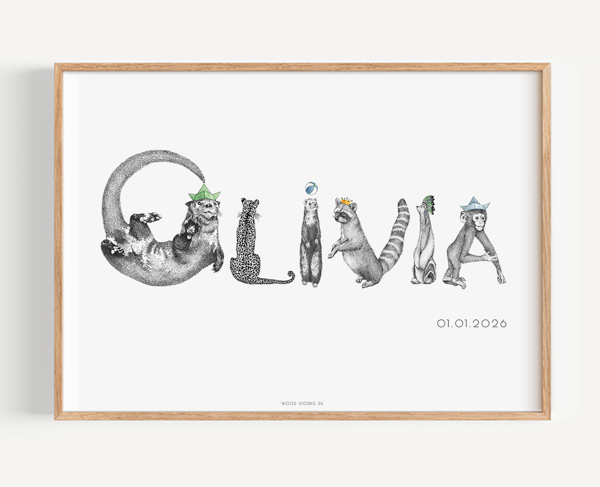 Navneplakat med dyr - Olivia - til børneværelse