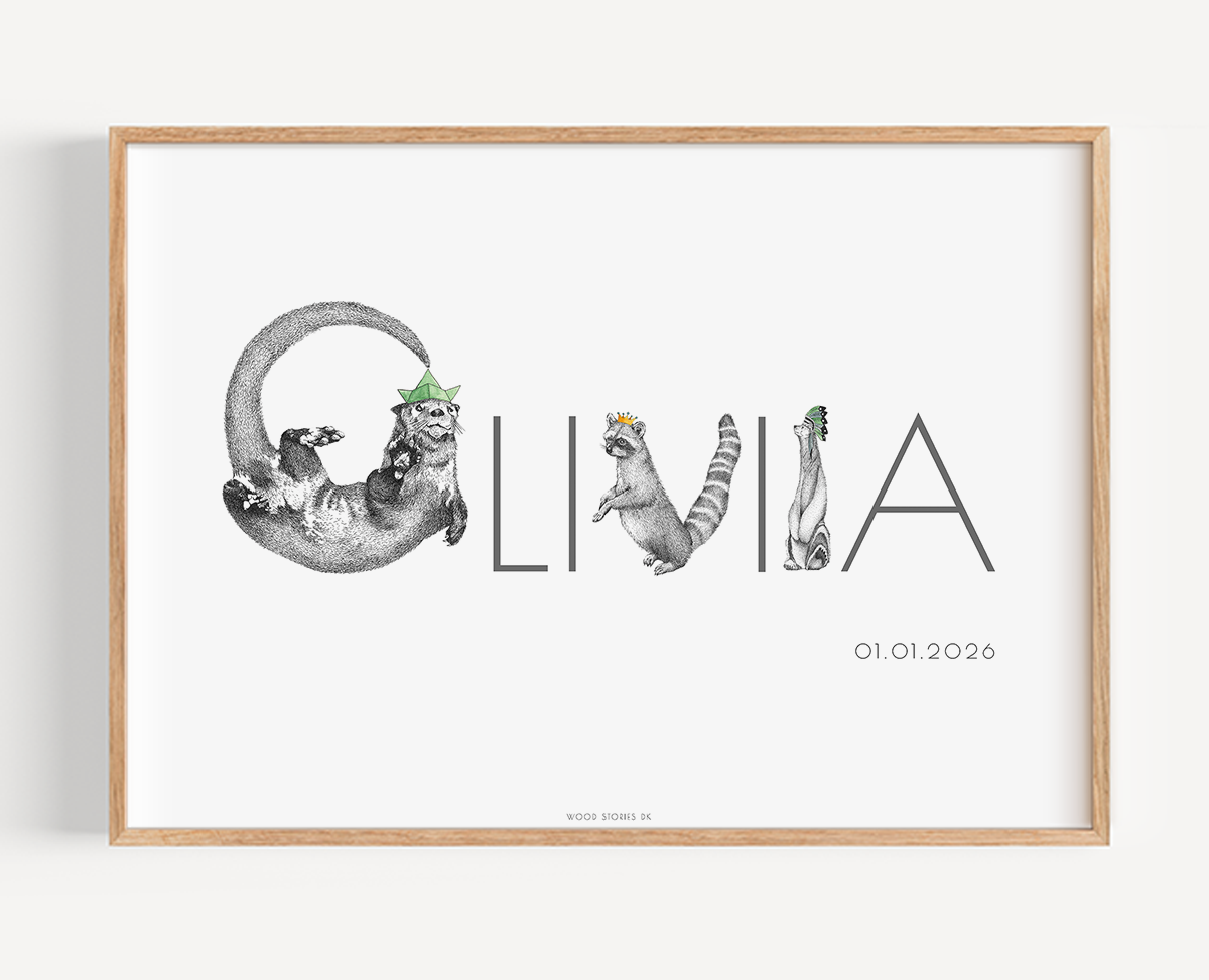 Navneplakat med dyr & bogstaver - Olivia - til børneværelse