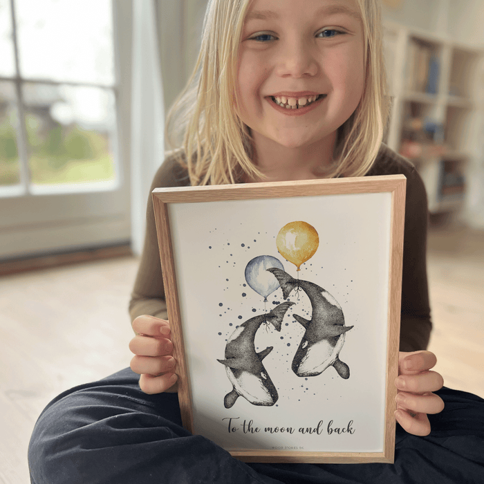 Håndtegnet illustration med spækhuggere -  børneplakat til børneværelse